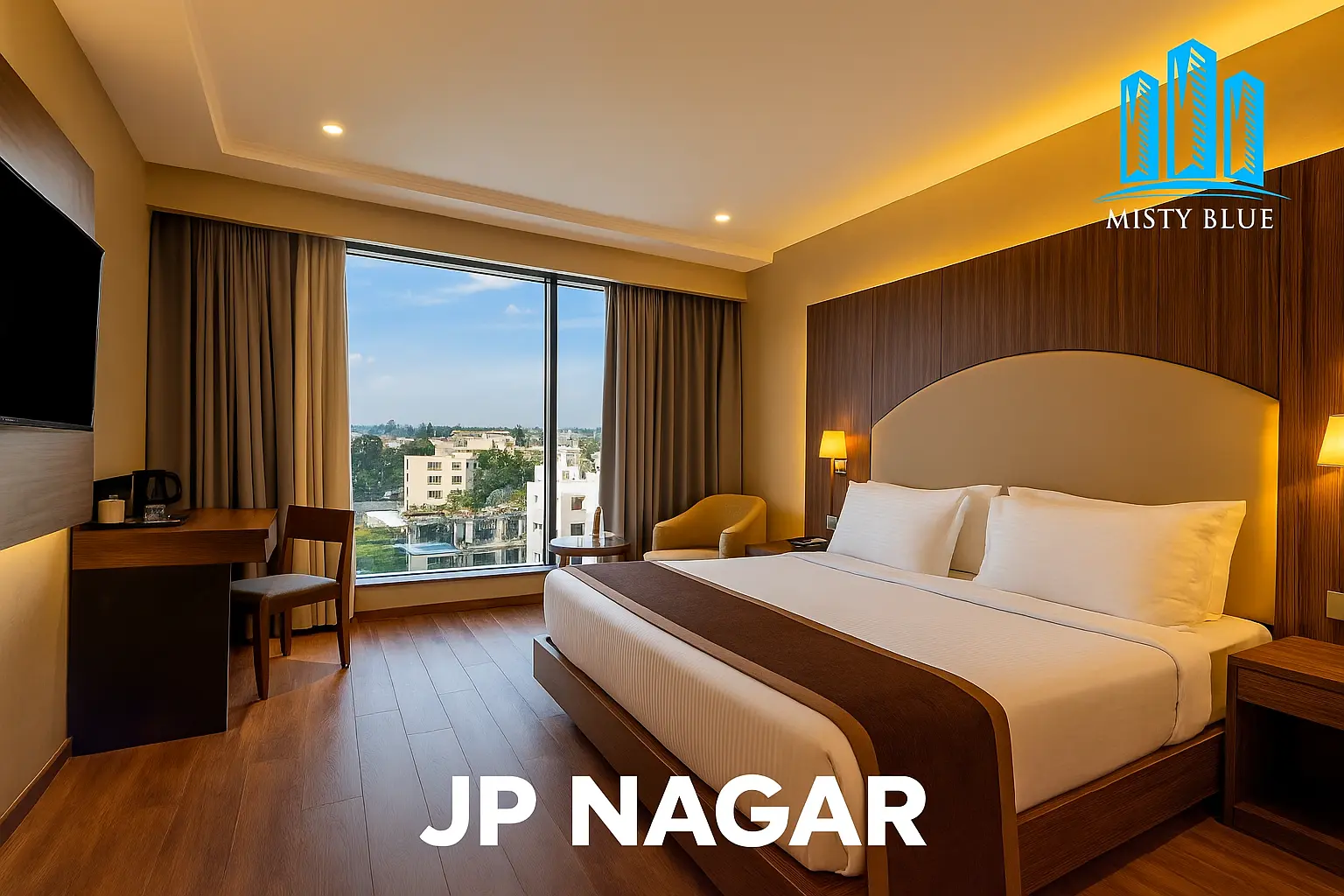 Spacious, premium budget hotel room in JP Nagar, Bangalore with modern amenities, comfortable furnishings, and scenic city view.
