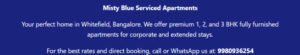 Misty Blue Serviced Apartments Your perfect home in Whitefield, Bangalore. We offer premium 1, 2, and 3 BHK fully furnished apartments for corporate and extended stays.